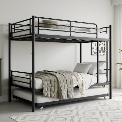 Bunk Bed with Trundle Metal Bunkbeds with Ladder and Full-Length Guardrail