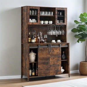 70" Tall Farmhouse Coffee Bar Cabinet with Hutch, Wine Rack, Sliding Barn Doors, Buffet Sideboard - 1 of 4