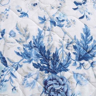 Full Blue Cotton Reversible Floral Quilt Set