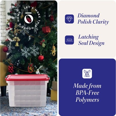 112 Quart Clear Plastic Stackable Holiday Storage Boxes with Red Lids, 4 Pack