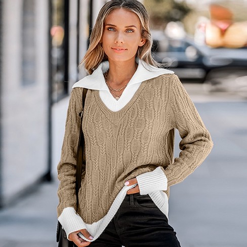 Women's Cable Knit Combo Sweater - Cupshe-XS-Beige