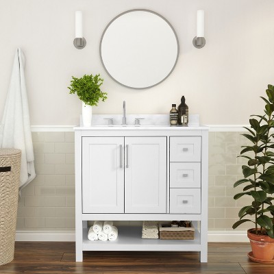 Flash Furniture Vega Bathroom Vanity with Sink, Storage Cabinet with Soft Close Doors, Open Shelf and 3 Drawers, Carrara Marble Finish Countertop