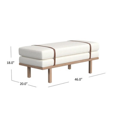 Cream Boucle Upholstered Bench with Faux Leather Straps