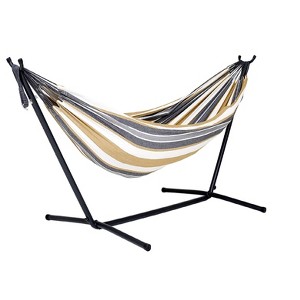 The Hamptons Collection 110” Grey and Gold Striped Brazilian Style Hammock with a Steel Hammock Stand - 1 of 4