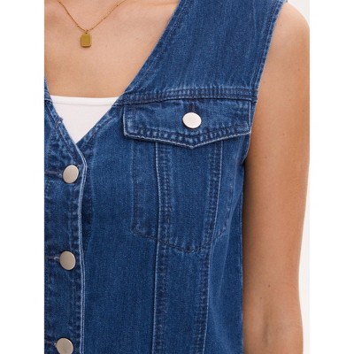 INSPIRE CHIC Women's Denim V Neck Western Button Up Sleeveless Cropped Jean Waistcoat Large Dark Blue — фото 5