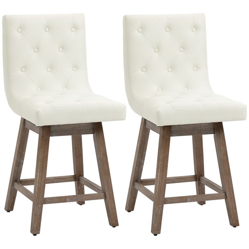 HOMCOM Bar Stools Set of 2, Swivel Bar Chairs, 25.5" High Fabric Tufted Breakfast Barstools for Kitchen Counter, 1 of 7