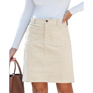 Women's Corduroy High Waist Short Skirt - Trendy Fall Skirt with Elastic Waist & Patch Pockets Turtledove - 1 of 4