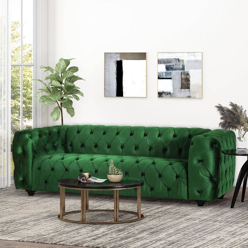 Sagewood Contemporary Velvet Tufted 3 Seater Sofa Emerald/Espresso - Christopher Knight Home, 3 of 12