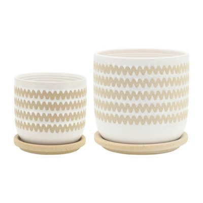 Sagebrook Home 6" Wide 2pc Zig Zag Planters with Saucer White: Ceramic Flower Pots, Indoor/Outdoor, Freestanding