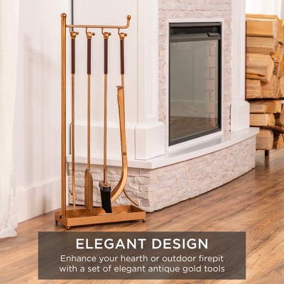 Gold 5-Piece Antique Fireplace Tool Set with Ergonomic Handles