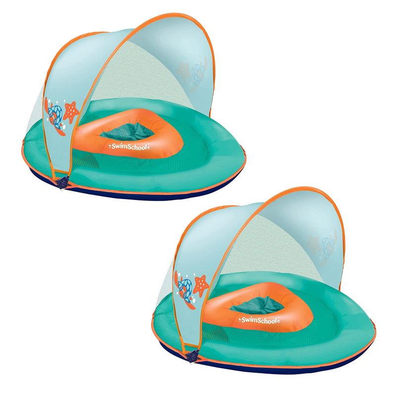 SwimSchool Baby Boat Splash and Play Float with Adjustable Safety Seat, Dual Air Pillow Chambers, and Sun Shade Canopy, Orange, 2 Pack, 1 of 7