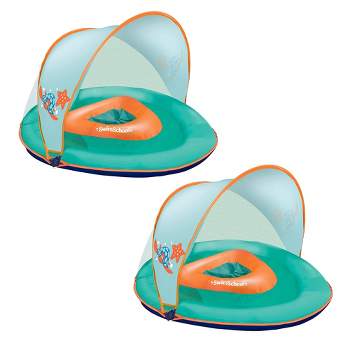 SwimSchool Baby Boat Splash and Play Float with Adjustable Safety Seat, Dual Air Pillow Chambers, and Sun Shade Canopy, Orange, 2 Pack