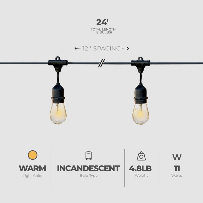 Globe 24 Feet 11 Watts S14 Dublin Incandescent Vintage String 12 Bulb Light Set, Includes Plug In, Black Cord and Bulbs for Indoor and Outdoor Use, 3 of 7