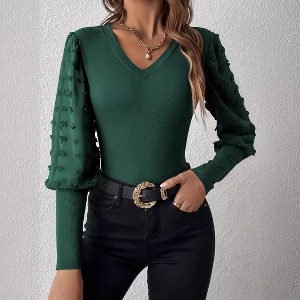 Clearlove Women's Ribbed V-Neck Blouse with Chiffon Panel Accents - Slimming Long Sleeve Knit Top - 1 of 4