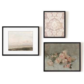 Americanflat 3 Piece Vintage Gallery Wall Art Set - Blush Roses, Hazy Beach, Pink Silk Textile by Maple + Oak