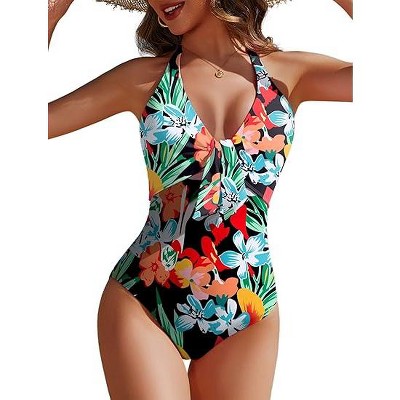 AI'MAGE Women's One Piece Swimsuits V Neck Tummy Control Bathing Suits Knot Front Push Up Swimwear Back Self Tie