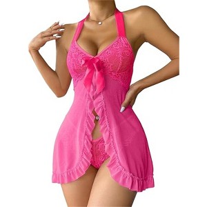 Clotth Women's Ruffle Sheer Mesh Lingerie - Dress with Thong 2 Piece, Halter Open Front Mesh Lace Babydoll Lingerie, Pink - 1 of 4