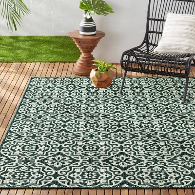 Teal Blue Geometric Synthetic Indoor/Outdoor Area Rug