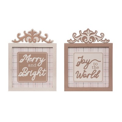 Transpac MDF Christmas Block Set of 2 Freestanding Tabletop Signs Brown Indoor Holiday Decor Gift for Festive Home