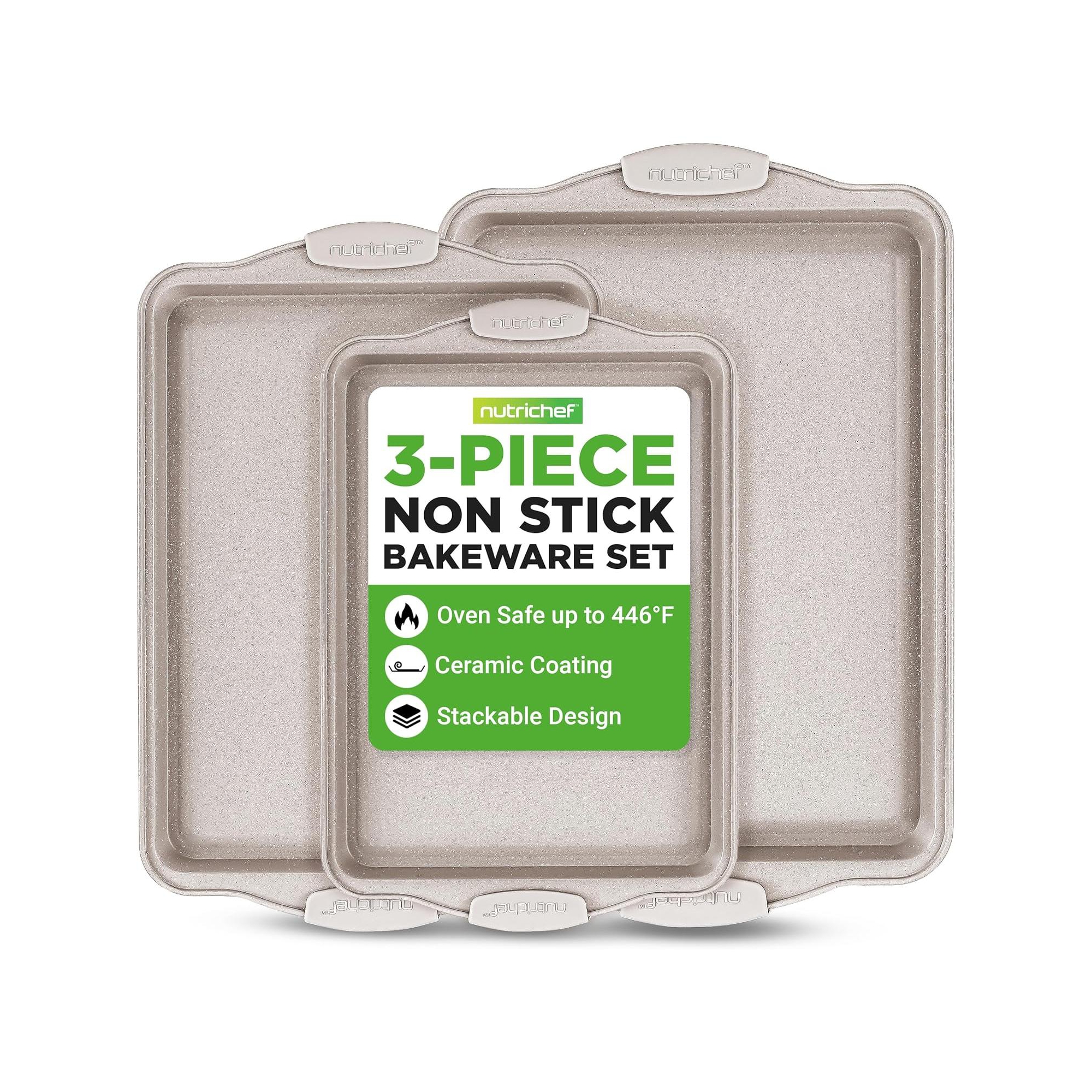 NutriChef 3-Piece Non-Stick Cookie Sheet Tray Set – With Silicone Handles for Baking (Cream Marble)