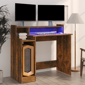 vidaXL Desk with LED Lights Smoked Oak 38.2 in.x17.7 in.x35.4 in. Engineered Wood - 1 of 4