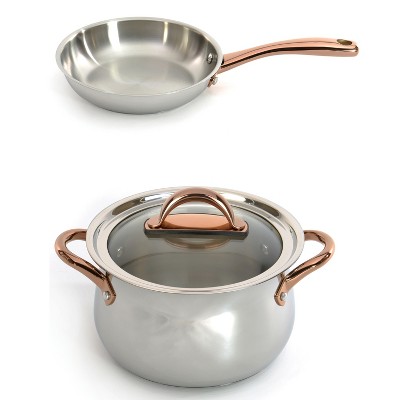 BergHOFF Stainless Steel Cookware Set with Rose Gold Handles, 11