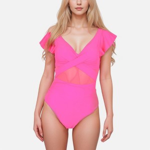 Anna-Kaci Swim Women's Flutter Sleeve One Piece Swimsuit with Crisscross Mesh Panel Detail and Deep V-Neckline - 1 of 4