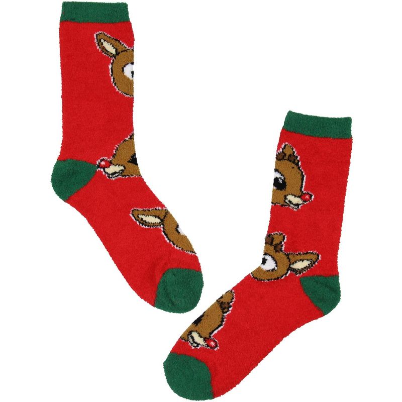 Rudolph The Red Nosed Reindeer Christmas Adult Fuzzy Plush Crew Socks 2 Pack Multicoloured, 2 of 5