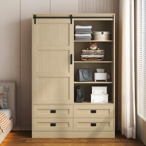 ORRD Tall Bedroom Armoire Wardrobe Closet Clothing Storage Cabinet with Hanging Rod Barn Door Drawers Open Shelves - 1 of 4