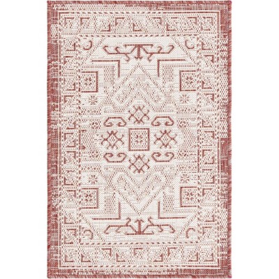 Rust Red Synthetic Medallion Outdoor Rectangular Rug
