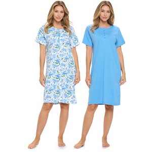 Casual Nights Women's Henley Nightshirts Set of 2, Floral Short Sleeve Nightgowns & Solid Sleepwear Shirt - 1 of 4