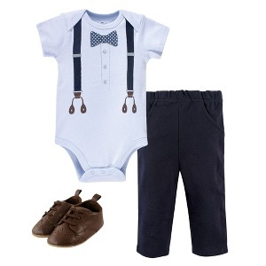 Little Treasure Baby Boy Cotton Bodysuit, Pant and Shoe 3pc Set, Navy Dot Bow Tie - 1 of 1