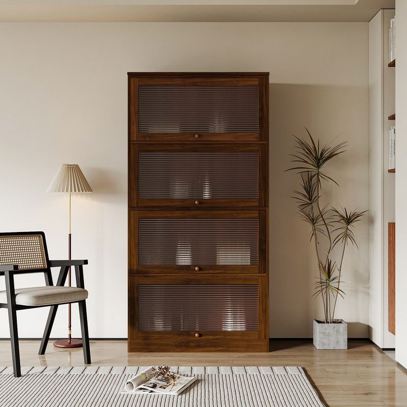 4-Tier Bookcase With Clear Glass Flip-Up Doors, Floor Storage Cabinet, Free Standing Book Shelf Storage Organizer, 2 of 8