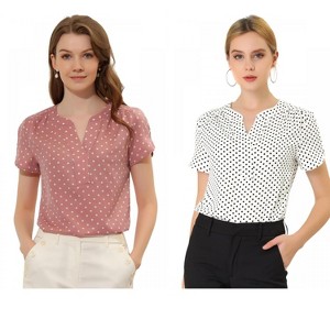 Allegra K Women's Polka Dots Print V Neck Short Sleeve Elegant Work Office Top 2 Packs - 1 of 4
