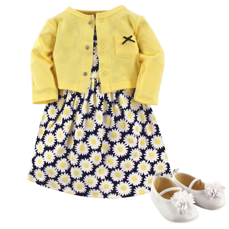 Hudson Baby Infant Girl Cotton Dress, Cardigan and Shoe 3pc Set, Daisy, 1 of 4