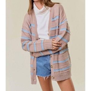Women's Striped Front Button Closure Aaliyah Cardigan - Doe and Rae - 1 of 2