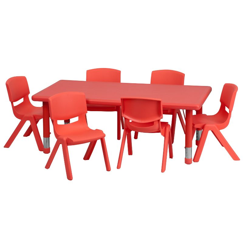 Emma and Oliver 24"W x 48"L Rectangular Plastic Height Adjustable Activity Table Set with 6 Chairs, 1 of 8