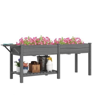 Outsunny Raised Garden Bed, Wood Elevated Planter Box with Side Table, Bottom Shelf, Bed Liners and Drainage Holes