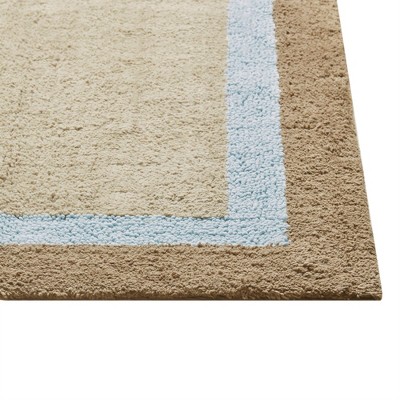 Blue Cotton Tufted Bath Rug with Border Design, 27" x 45"