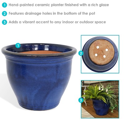 Imperial Blue 18-Inch Ceramic Outdoor Planter with Glazed Finish