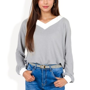 Anna-Kaci Women's V-Neck Waffle Knit Top with Contrast Trim and Relaxed Fit - 1 of 4