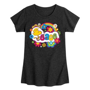 Girls' - Peanuts - Peace Floral & Colorful Woodstock Fitted Short Sleeve Graphic T-Shirt - 1 of 4