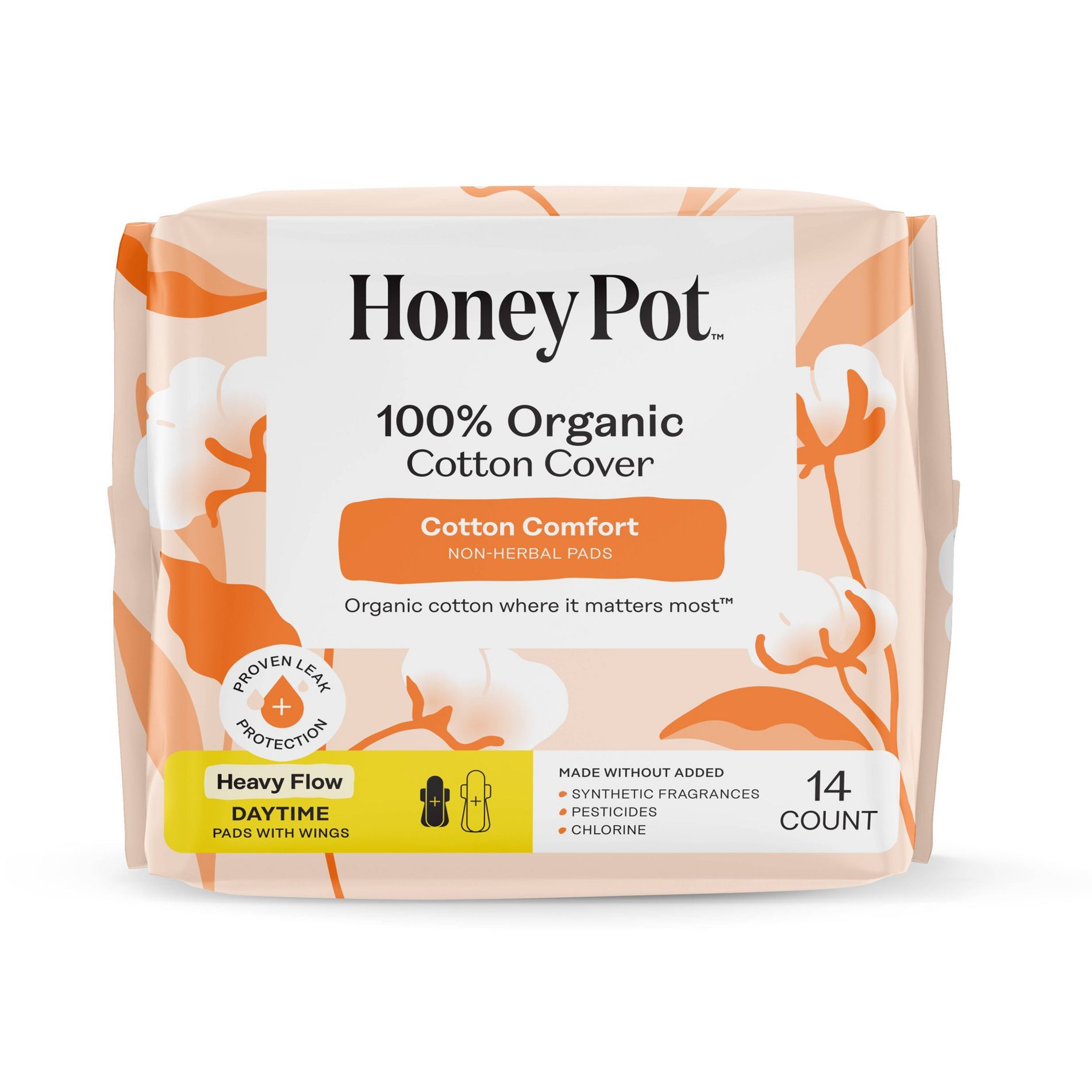 Honey Pot 100% Organic Cotton Comfort Cover Heavy Flow Daytime Pads - 14 ct