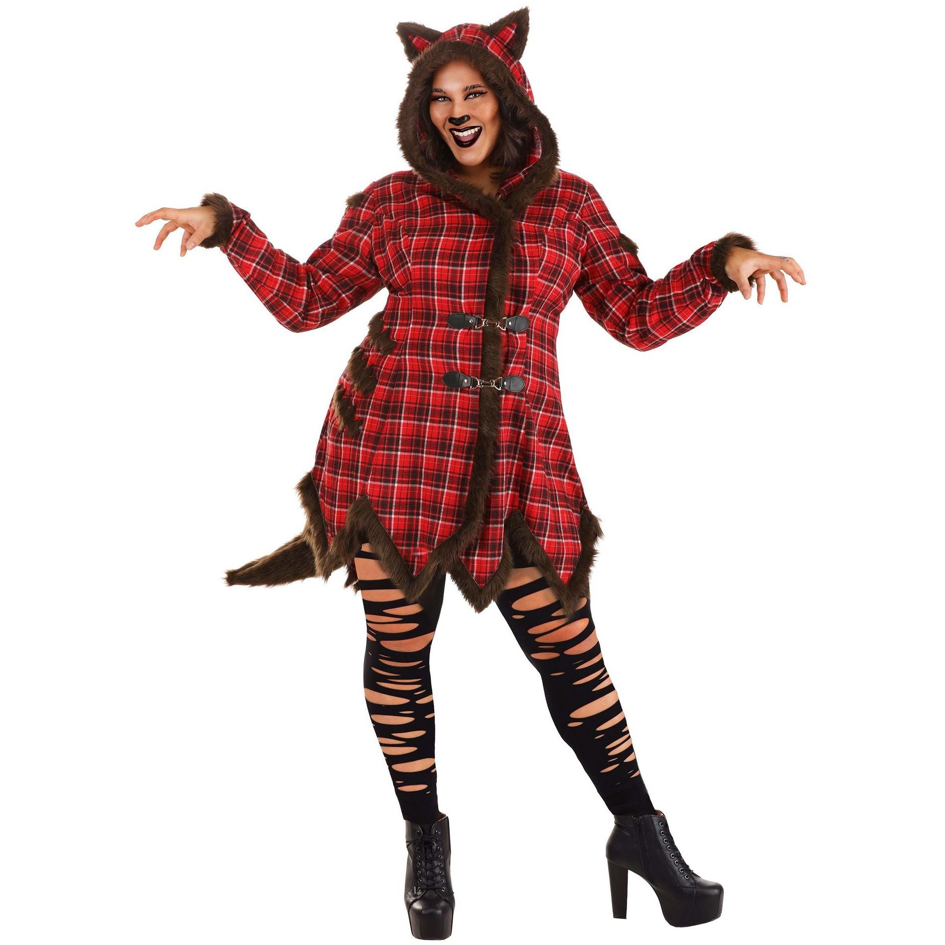 HalloweenCostumes.com 2X Women Plus Size Women's Werewolf Coat Costume, Brown/Black/Red