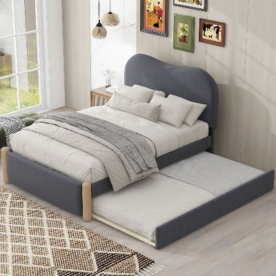 CAVINAS Full Size Bed Frame, Upholstered Platform Bed with Wood Supporting Feet, Bed Frame with Headboards and Trundle