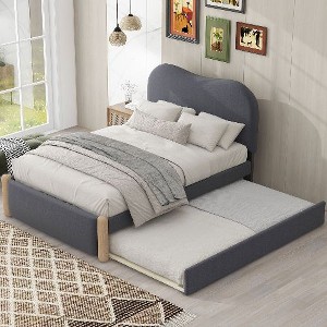 CAVINAS Full Size Bed Frame, Upholstered Platform Bed with Wood Supporting Feet, Bed Frame with Headboards and Trundle - 1 of 4