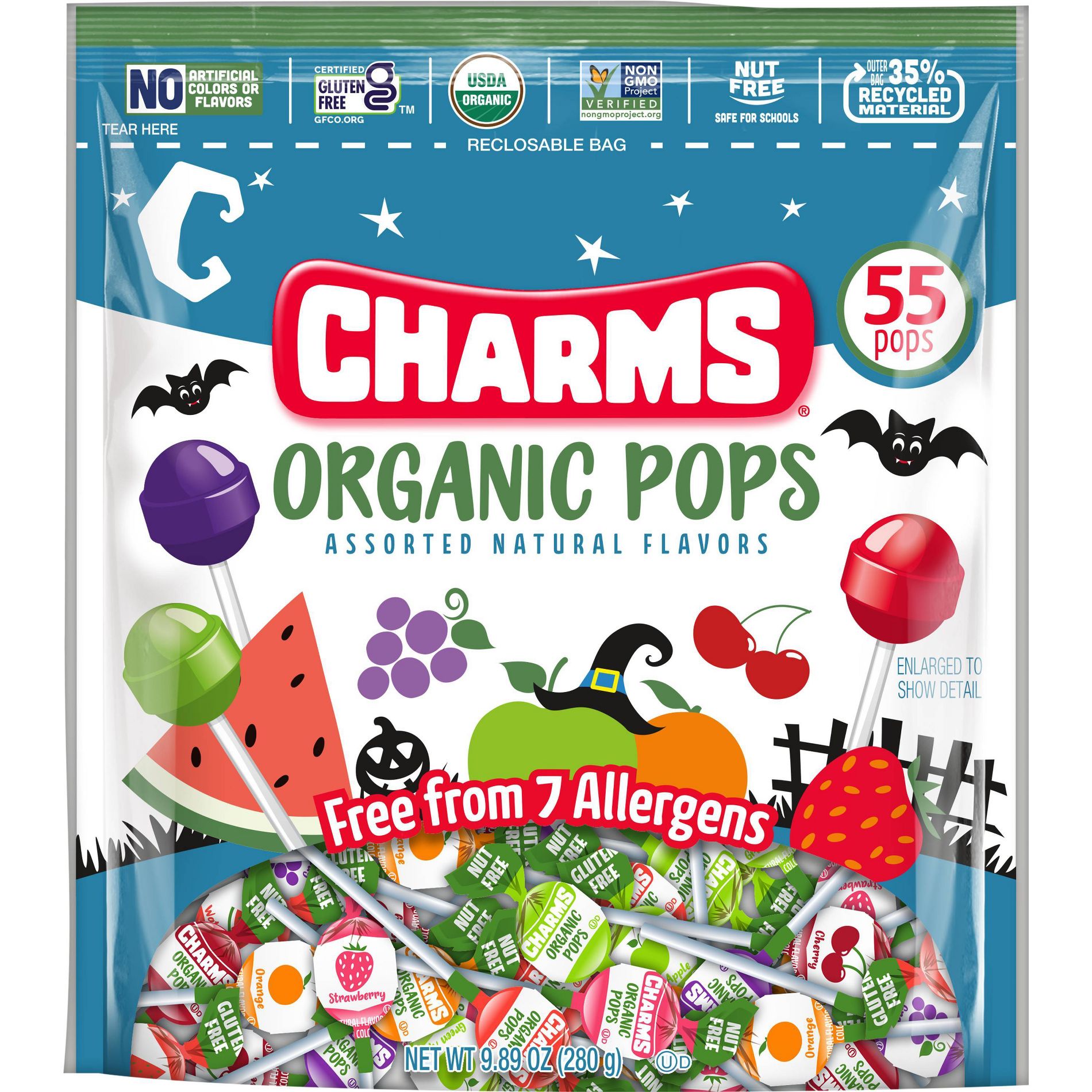 Charms Organic Halloween Chewy Gummy Pops Candy - 9.89oz/55ct