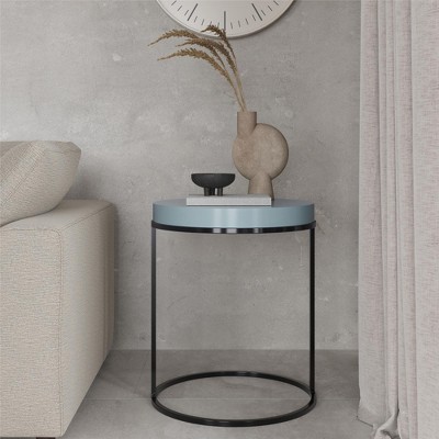 Powder Blue Round Wood and Metal Accent Table