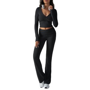 Women's Two Piece Lounge Outfits Slim Yoga Tracksuit Long Sleeve Crop Tops Low RiseLeggings Sets - 1 of 4
