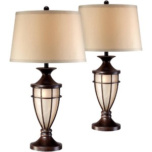 John Timberland Traditional Table Lamps 33" Tall Set of 2 with Nightlight Lantern Brushed Iron Cage Beige Fabric Shade for Living Room - 1 of 4